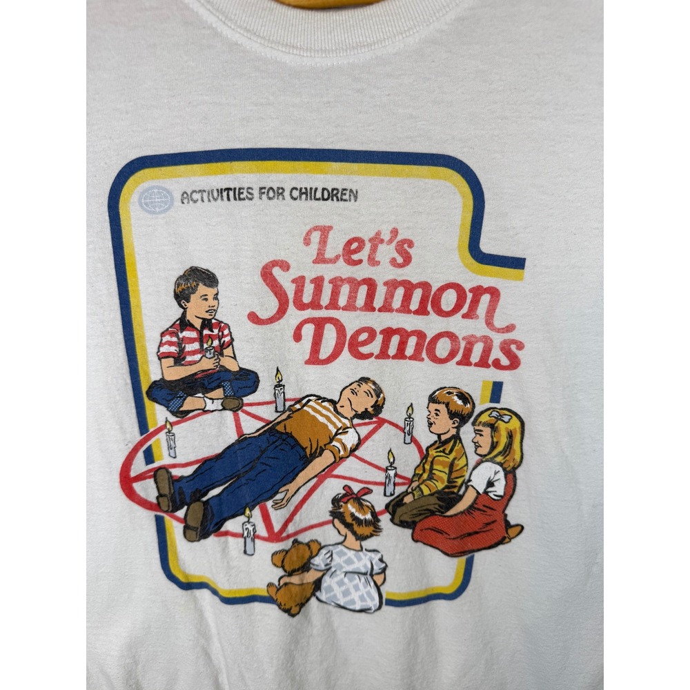 Steven Rhodes Lets Summon Demons Graphic T-Shirt White Large Retro Humor